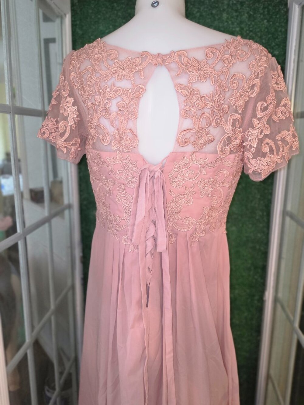 Dusty Rose Lace Applique Chiffon Maxi Evening Gown